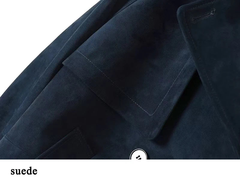 Kid Suede Leather Jacket for Women Branded New 2025 Old Money Double Breasted Short  Jacket Femme Big Lapel Epaulet Trench Coat