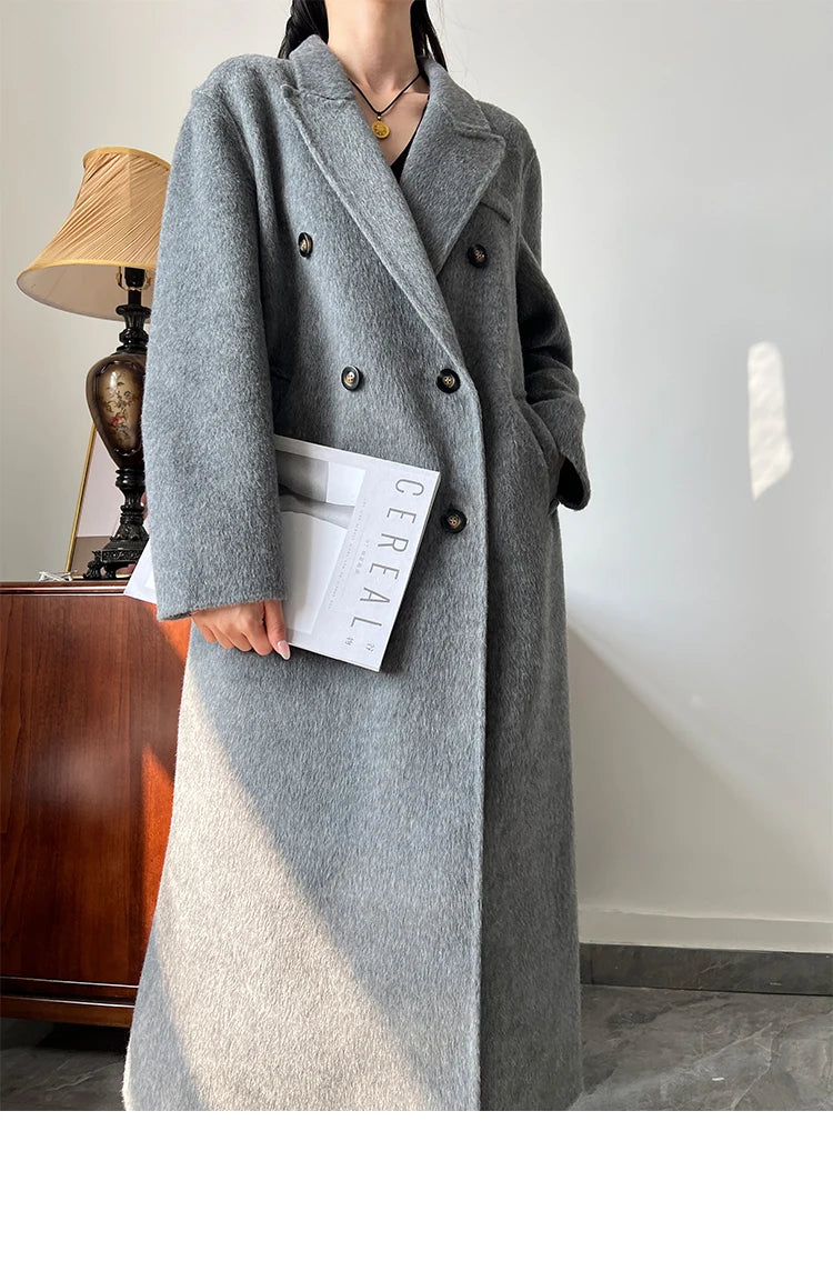 Office Lady Woolen Jackets 2024 Autumn And Winter Suit Collar Double Breasted Warmer Yak Hair Loose Long Women's Wool Coats