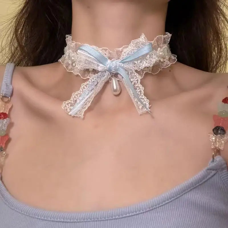 1 Piece Sweet Sexy Schoolgirl Necklace INS Aesthetic Lace Bow Delicate Clavicle Chain for Women White Black Color Gothic Choker