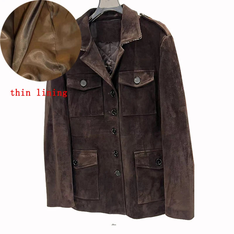 Luxury High-end Kid Suede Leather Jacket for Women Winter Pockets Slimming Coat Filled With Mulberry Silk Deep Coffee Warm Veste