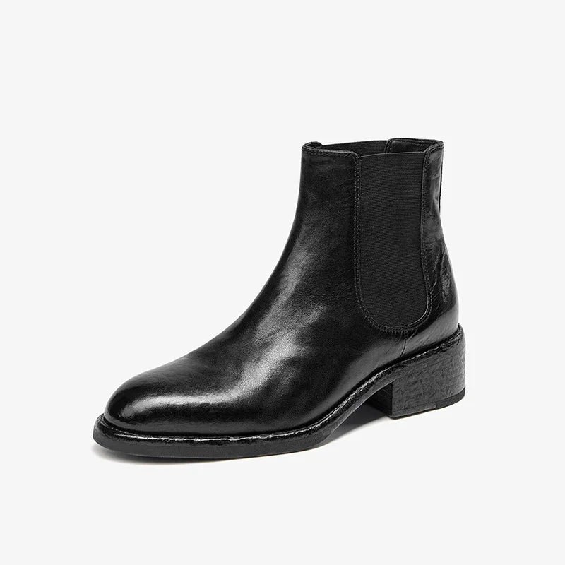 BEAUTODAY Ankle Boots Women Genuine Horse Leather Chelsea Booties Round Toe Elastic Band Vintage Ladies Shoes Handmade 03D64