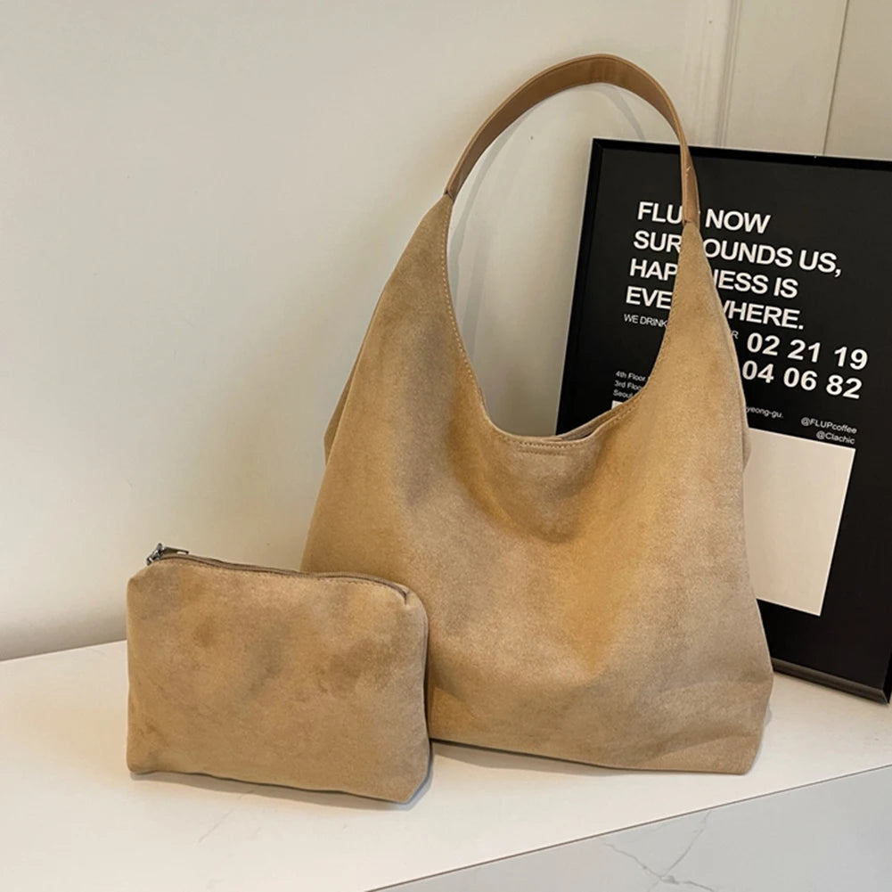 Women Suede Shoulder Bag Large Capacity Tote Bag Trendy Retro Handbag with Pocket for Work Travel Shopping