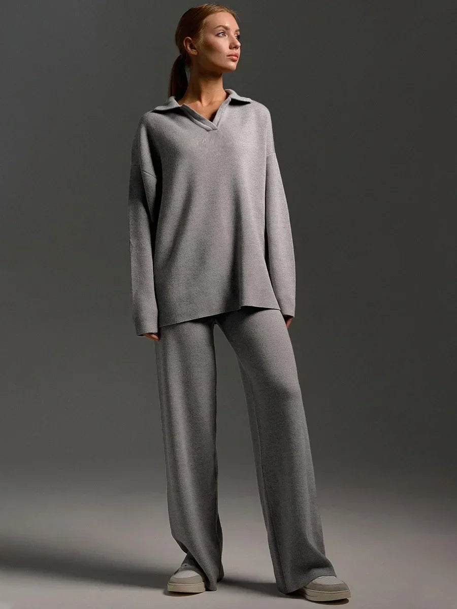 Sumuyoo Winter Thick Women Knitted Suits Cashmere Soft 2 Pieces Sets Female Polo Neck Sweater & Wide Leg Pants Knitted Outfit