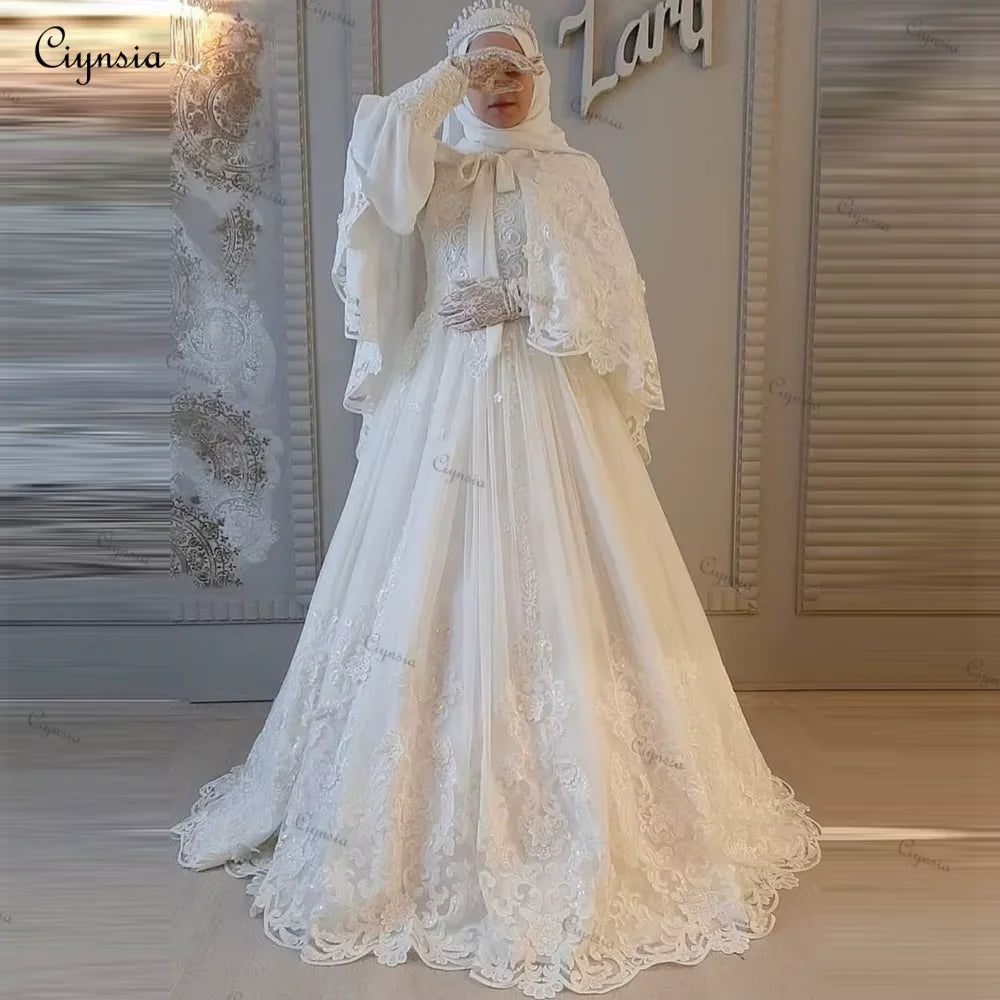 Customized Islamic Muslim Hijab Wedding Gowns 2026 Bride A-Line Long Sleeve Bridal Dress Lace Arabic Dubai Robe De Mariée