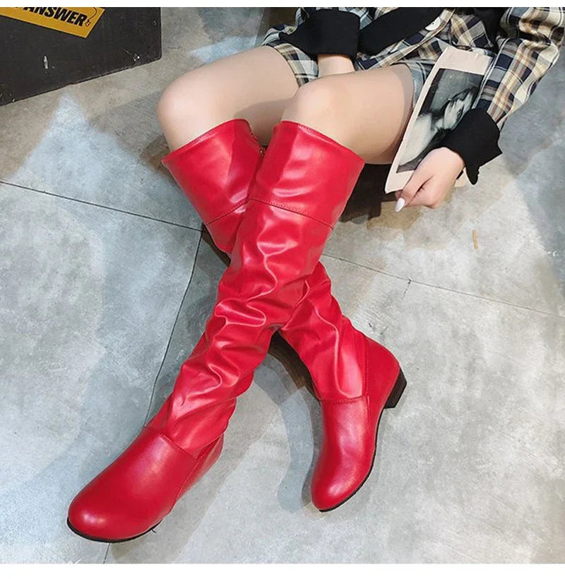 Shoes For Women  Knee High Boots Red Black White Tall Boots Woman Pleated Low Heel Casual Leather Female Long Shoes