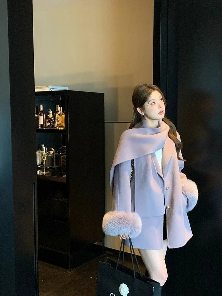 Women Double Faced Wool Coat with Real Fox Fur Sleeves 100 Wool Scarf Autumn Winter 2025 New Fashion Warm Elegant Trench Coat