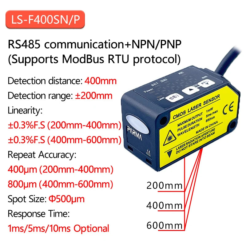 The laser displacement sensor features high-precision distance measurement and thickness detection, with rs485 switch analog out