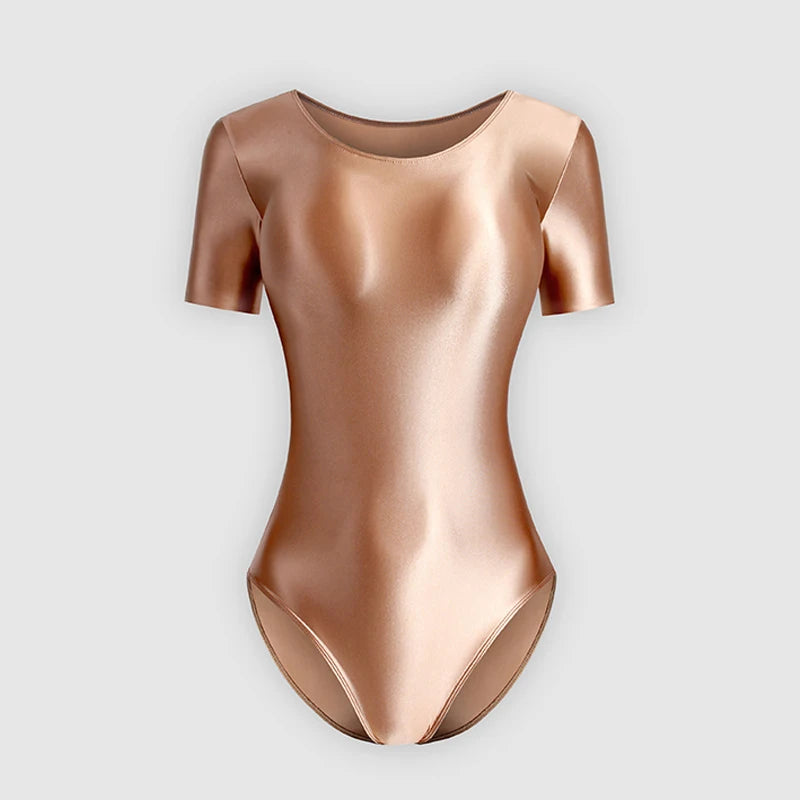 Japanese Men's Bathing Suits Women's Sexy Silky Glossy One-piece Swimsuit Shiny Short Sleeve Bodysuit, Oily Tights Shapewear