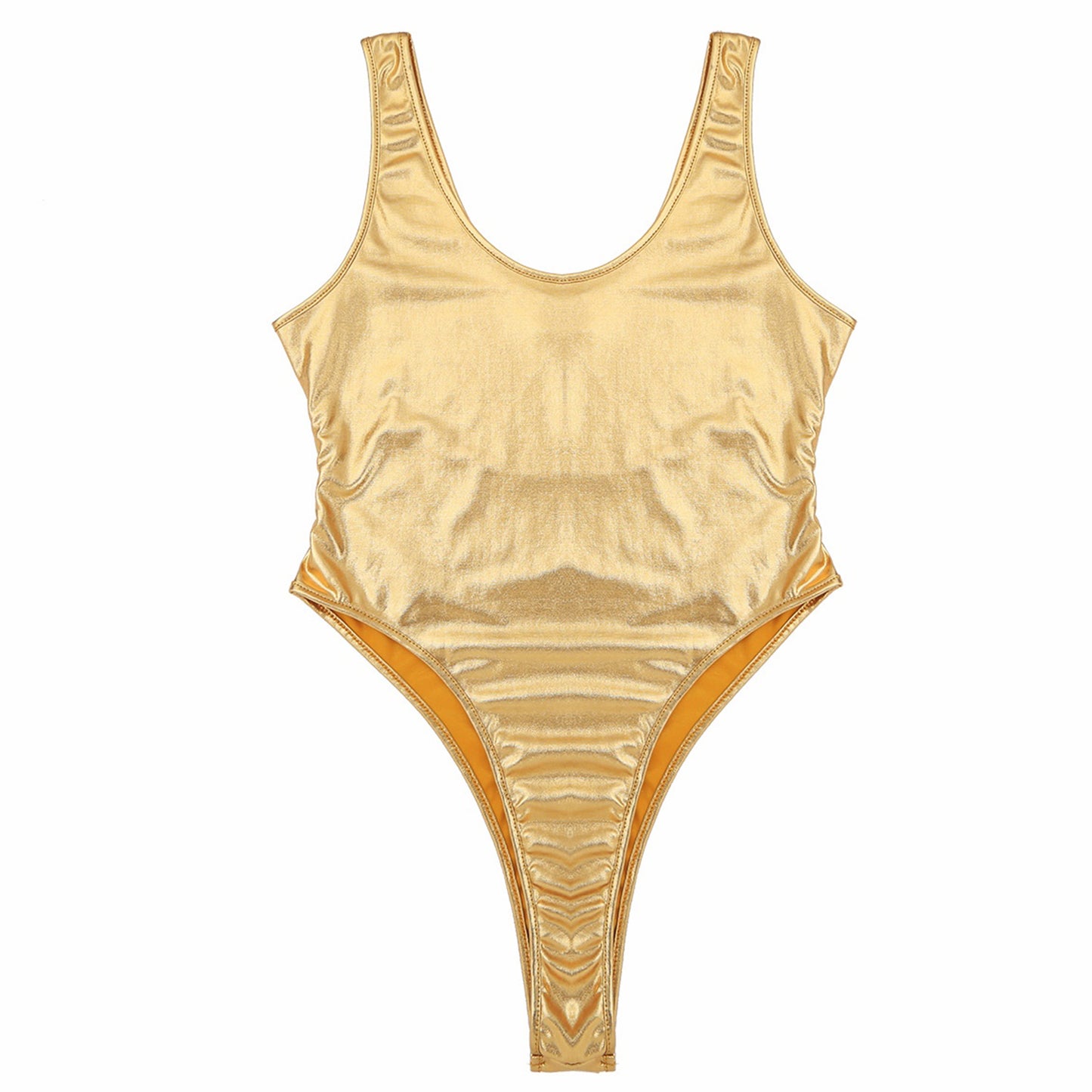 Mens Glossy Bodysuit Fashion One-piece Swimsuit Sleeveless High Cut Wetlook Faux Leather Stretch Leotard Unitard Bathing Suit