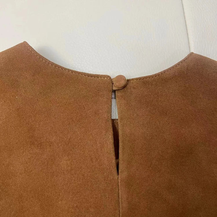 Genuine Leather Tops for Women 2025 Spring/Summer Short Straight Sleeve Round Neck Pullover Shirts & Blouses Thin Suede Blusas