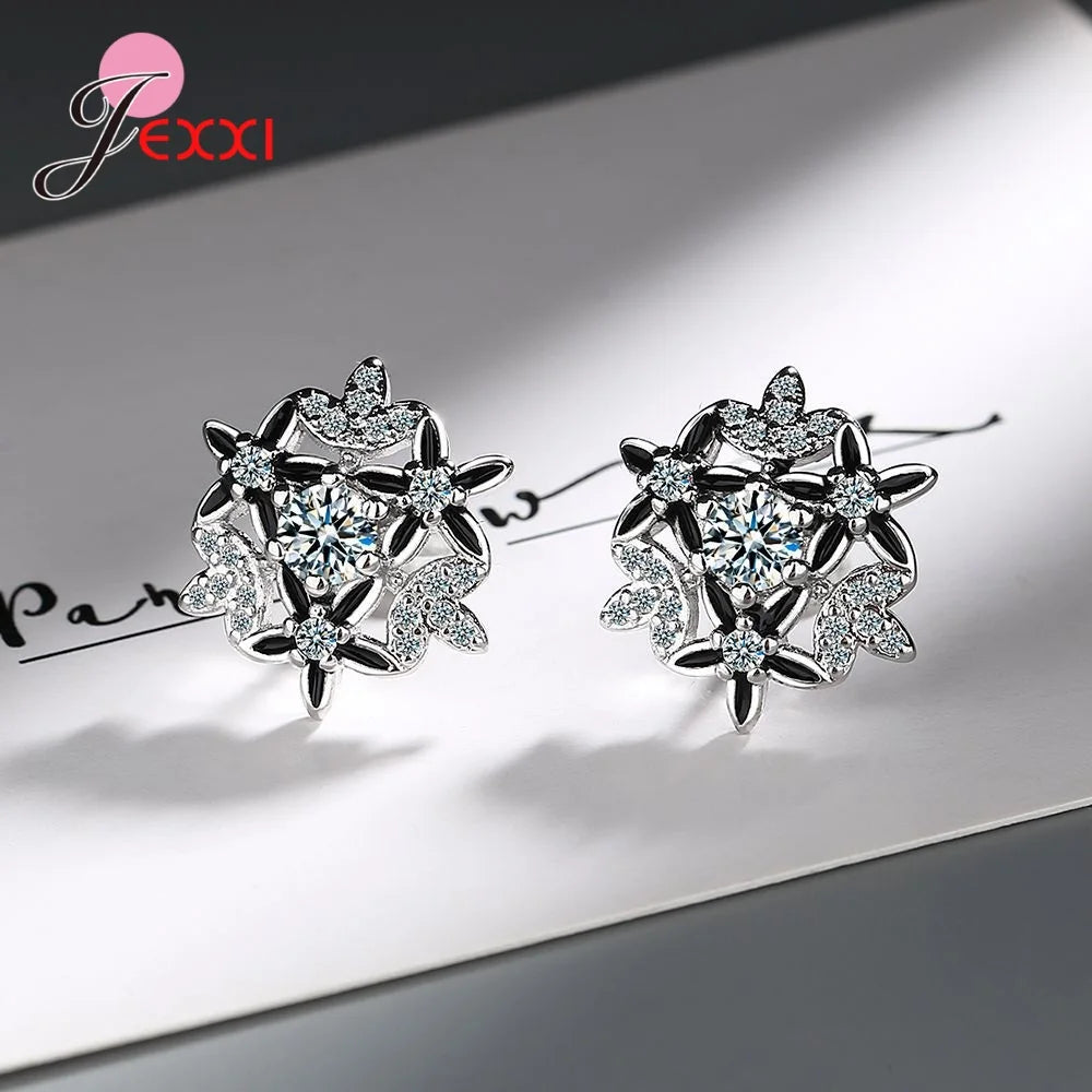 Sterling silver 925  Jewlery   New Cute Delicate Silver Plated Snowflake Stud Earrings For Women Shine CZ Stone