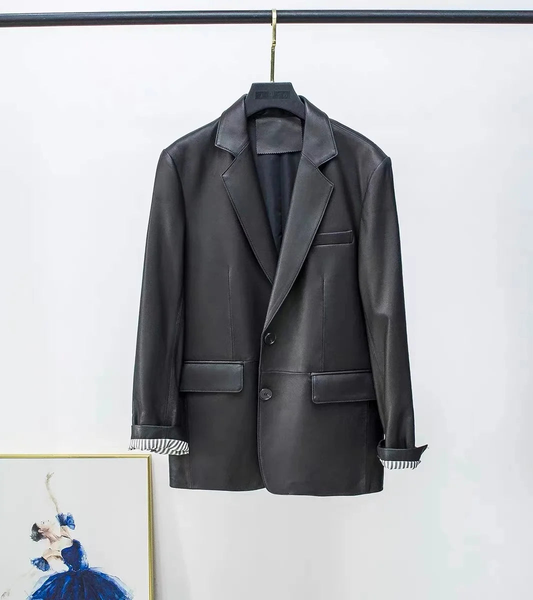 European American Streetwear Leather Jacket For Women Chic Loose Fit Suit Coat Female Flip Pocket Two Bottons White Blazer Mujer