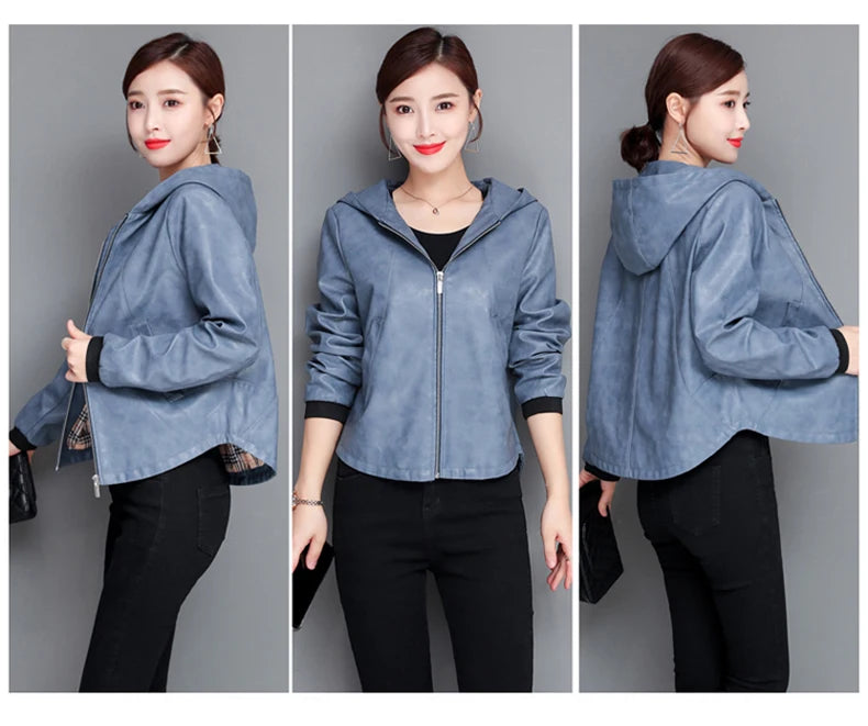 New Women Casual Leather Jacket Spring Autumn Fashion Hooded Zipper Split Leather Loose Outerwear Short Sheepskin Tops Coat