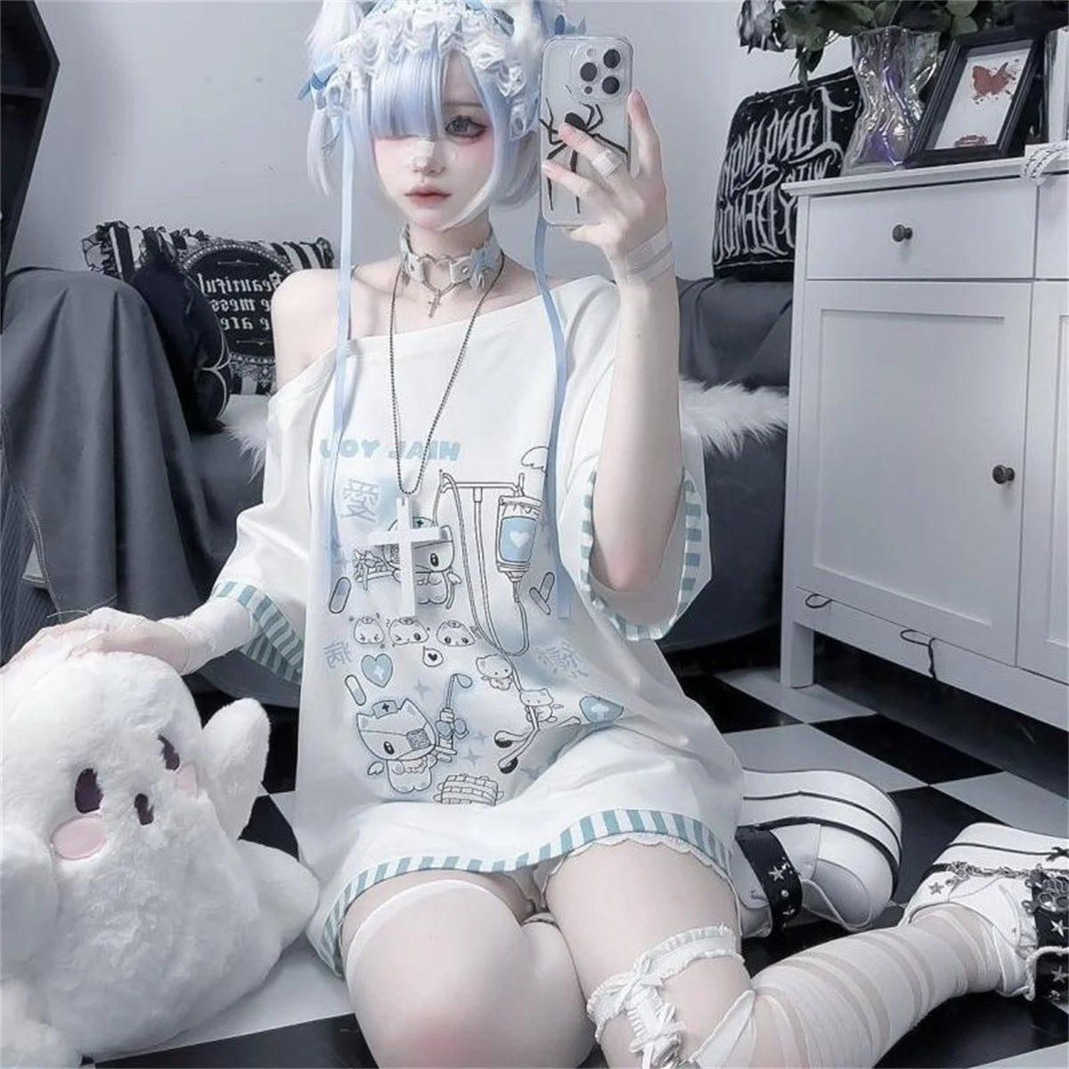 Summer T-Shirts Japanese Women T Shirts Oversized Tops 2025 Ropa Mujer Off Shoulder Anime Print Tees Casual Fashion Y2k Tshirts
