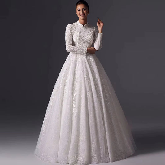 JEHETH Muslim A-line Wedding Dress Satin Wedding Dress High Neck Wrinkle Stickers Full Set Wedding Dress  Simple 2025 Customized