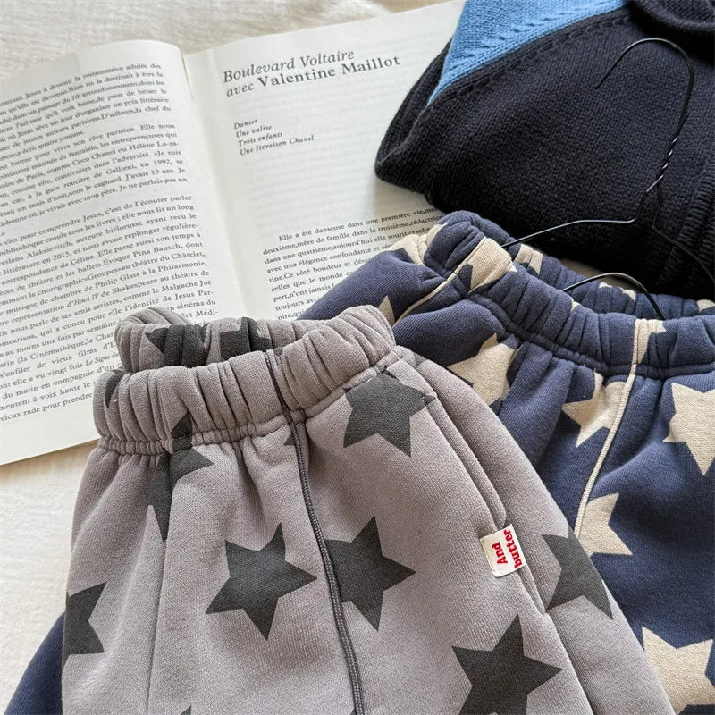 2025 Winter New Children Plus Velvet Thick Casual Pants Fashion Print Boys Fleece Sweat Pants Girls Warm Trousers Kids Clothes