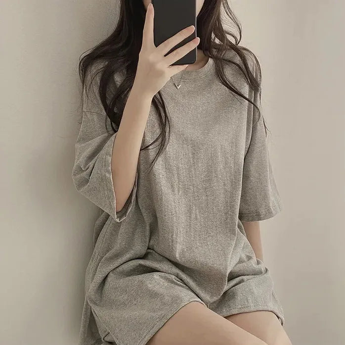 T-shirt for Women in Summer 2025 Slit Black Top Ins Pure Cotton Cotton Mother Simple Loose Long Short Sleeve High Elastic