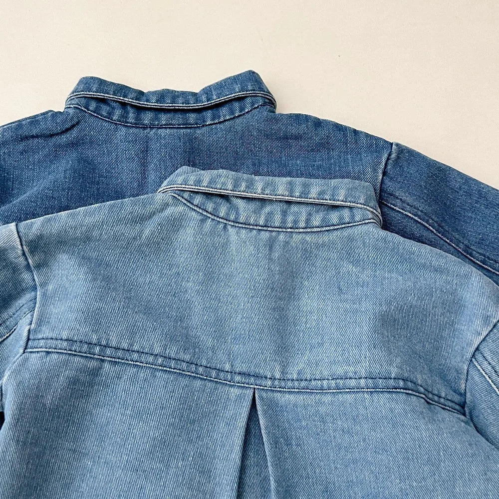 Baby clothes 2025 new children's solid color long sleeved denim set, boys and girls cardigan long pants casual sports two-piece