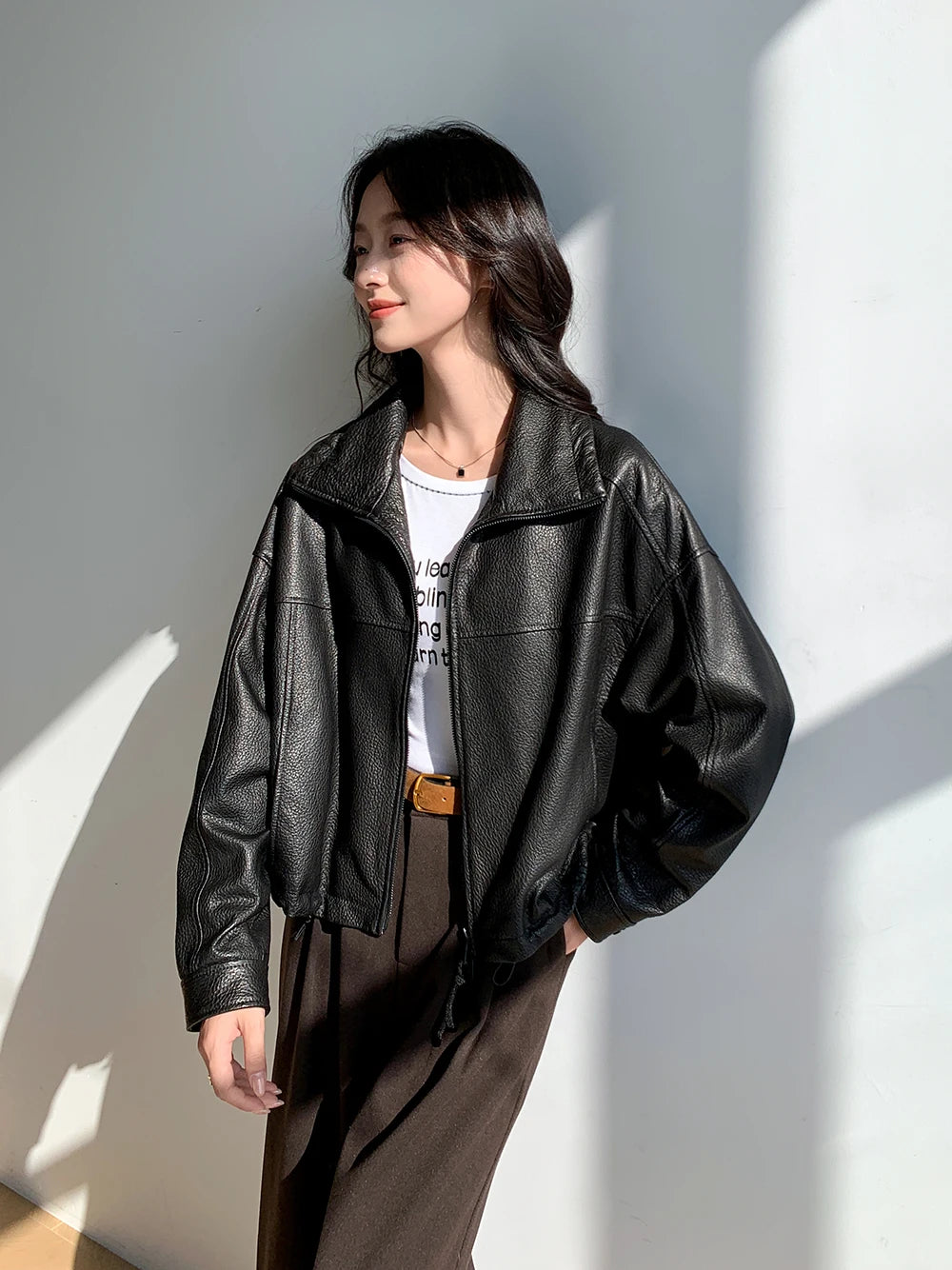 Vintage Genuine Leather Cropped Jackets for Women Spring Autumn 2025 New High-end Simple Stand Collar Bubble Real Sheepskin Coat