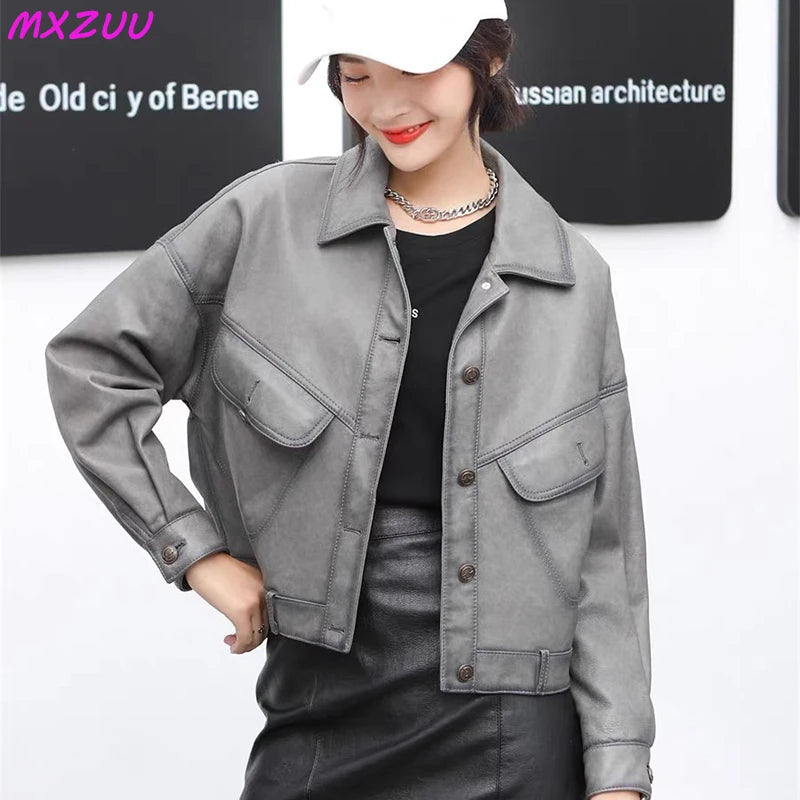 Khaki Genuine Leather Jacket Winter Coat Women Sheepskin Short Casual All-match Show Thin Locomotive Small Chaqueta Jassen Dames