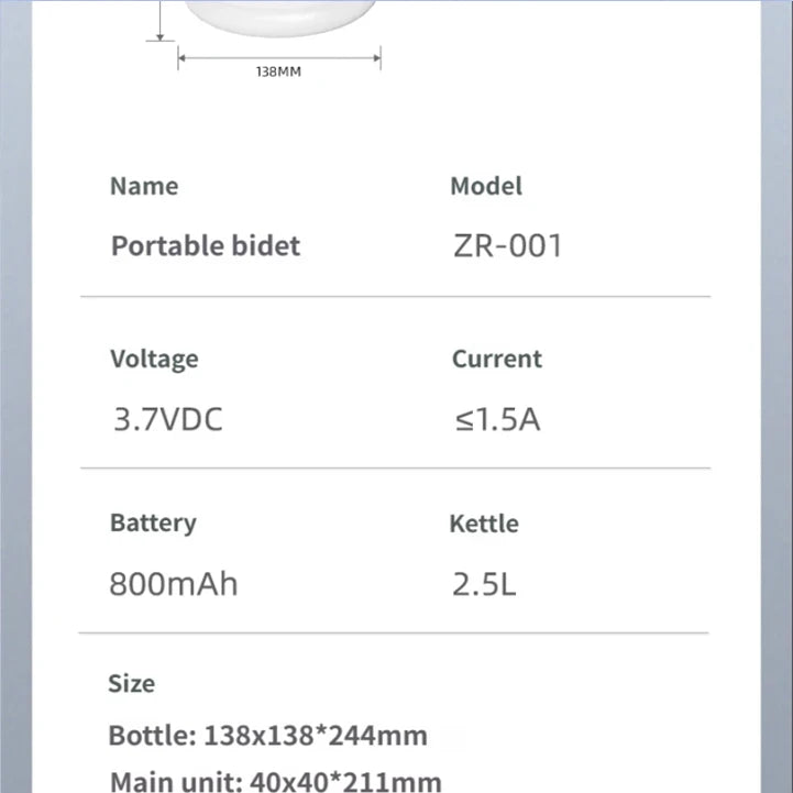 2.5L Portable Electric Bidet Sprayer, IPX6 Waterproof Rechargeable Handheld Hygiene Shower for Travel Camping Outdoor Cleaning