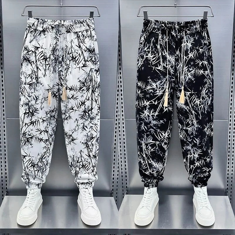 Ice Silk Men's Casual Fashionable Bamboo Leaf Print Sports Pants Loose Fit Long Trousers Youth Summer Active Wear