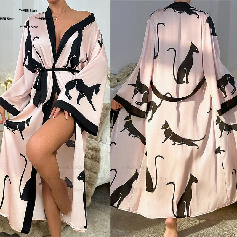 Wedding Party Dress Fashion Printed Robe Women's Clothing Loose Silk Satin Sleepwear Night Gowns Long Sleeve Ladies Bathrobe
