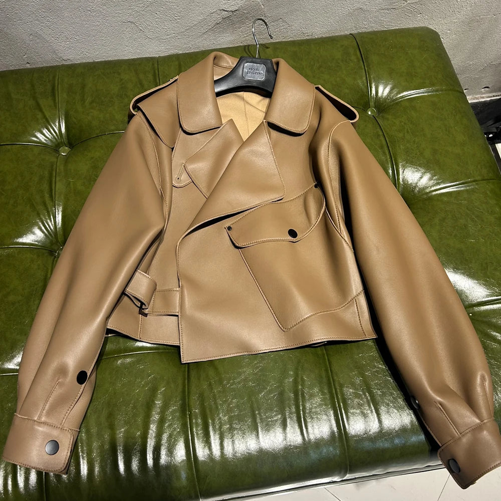 Oversized Brown Suede Women Jacket Real Sheepskin Leather Coat 2026 Loose Outwear