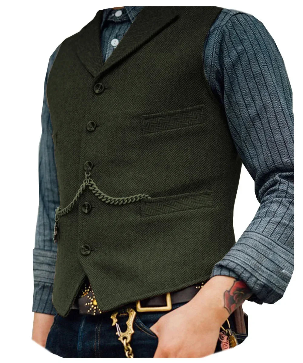 Wool Tweed Men's Suits Vest for Groomsmen Wedding Lapel Casual Slim Business Vests Sleeveless Waistcoat Male Gilet Homme Vests