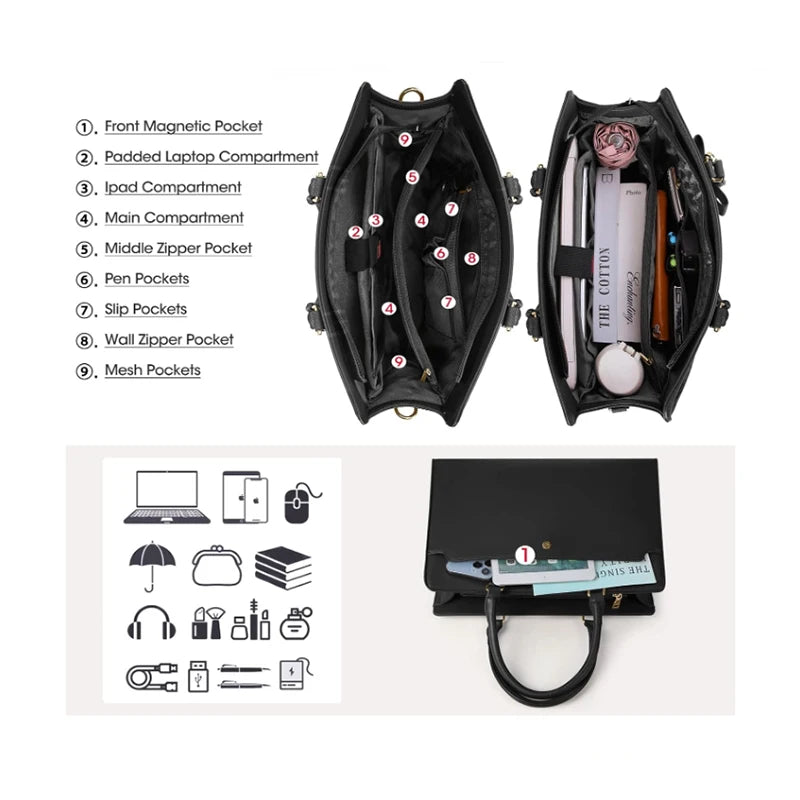 Large Capacity Laptop Bag for Women 15.6 Inch Laptop Tote Bag Leather Work Bag Waterproof Briefcase Business Office Computer Bag