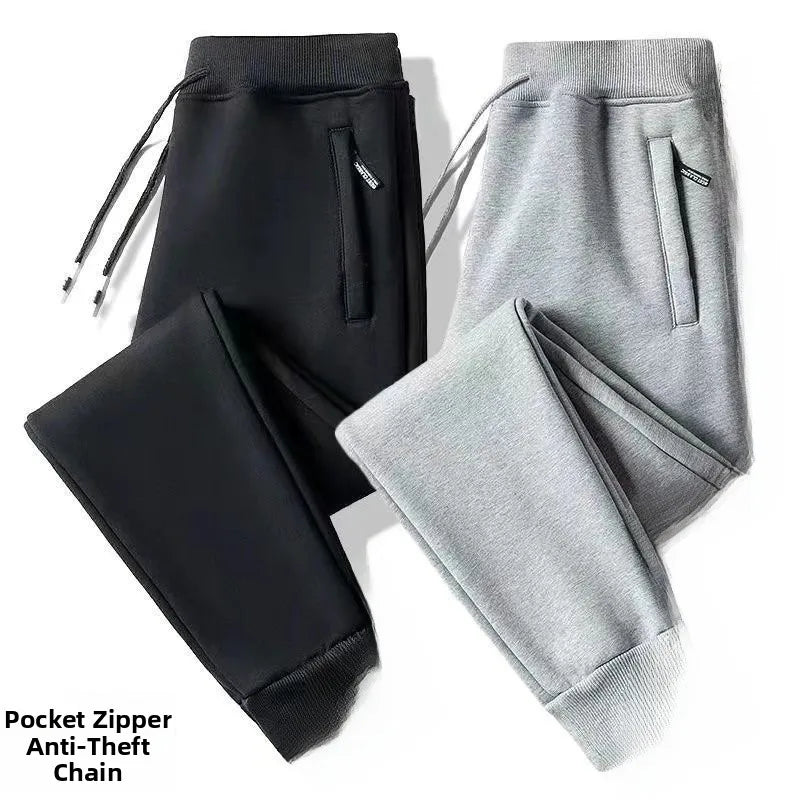 Men's Fleece Lined Trousers Loose Fit Straight Leg Casual Pants with Pockets Zipper Closure Autumn Winter Outerwear