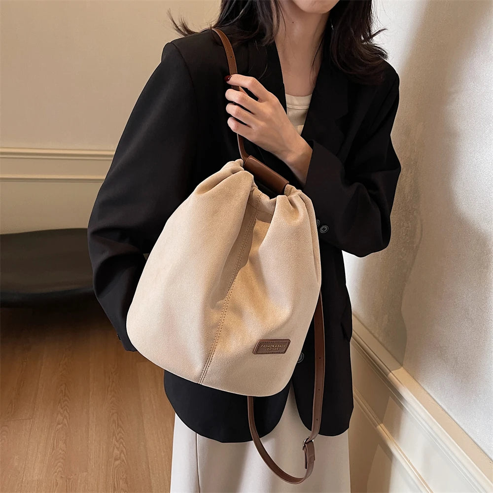 2024 Latest Women Fashion Backpacks Drawstring Bucket Shoulder Bags Soft Suede Large Capacity Rucksack For Travelling Shopping