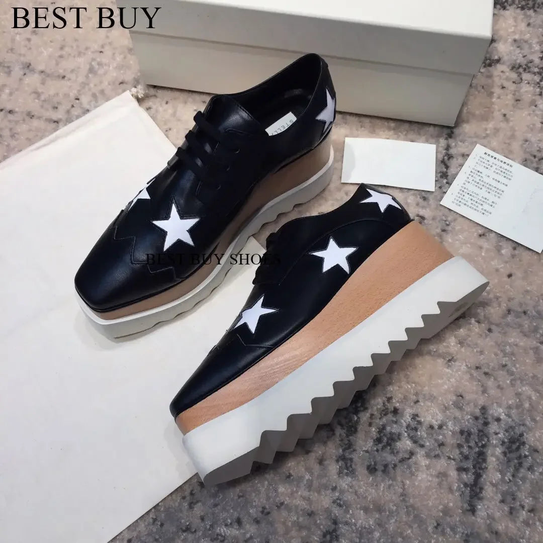 Women Fashion patent Stars high Loafers Shoes Lady Square Toe lace-up Thick Bottom Platform Wedge Shoes For Women sneakers