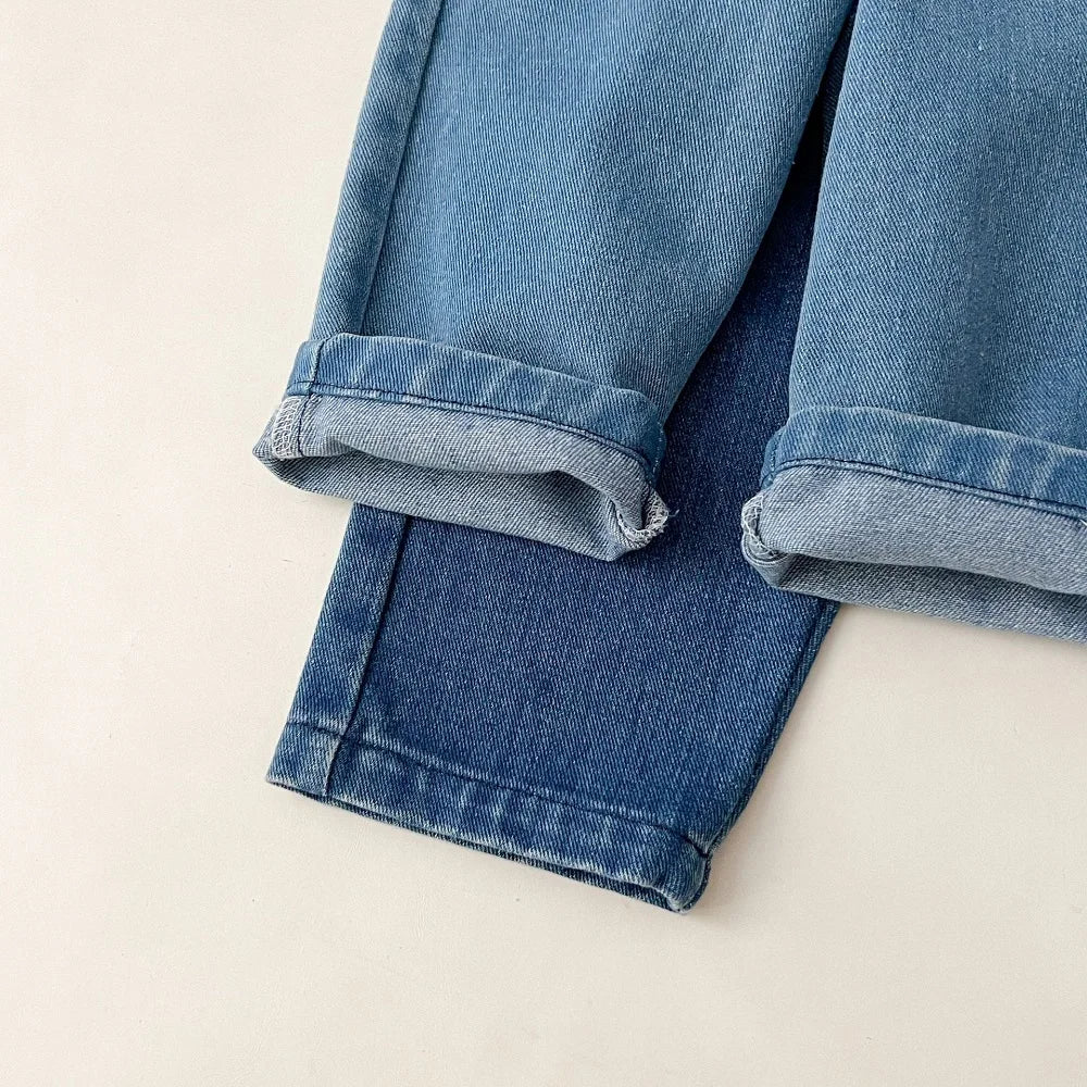 Baby clothes 2025 new children's solid color long sleeved denim set, boys and girls cardigan long pants casual sports two-piece