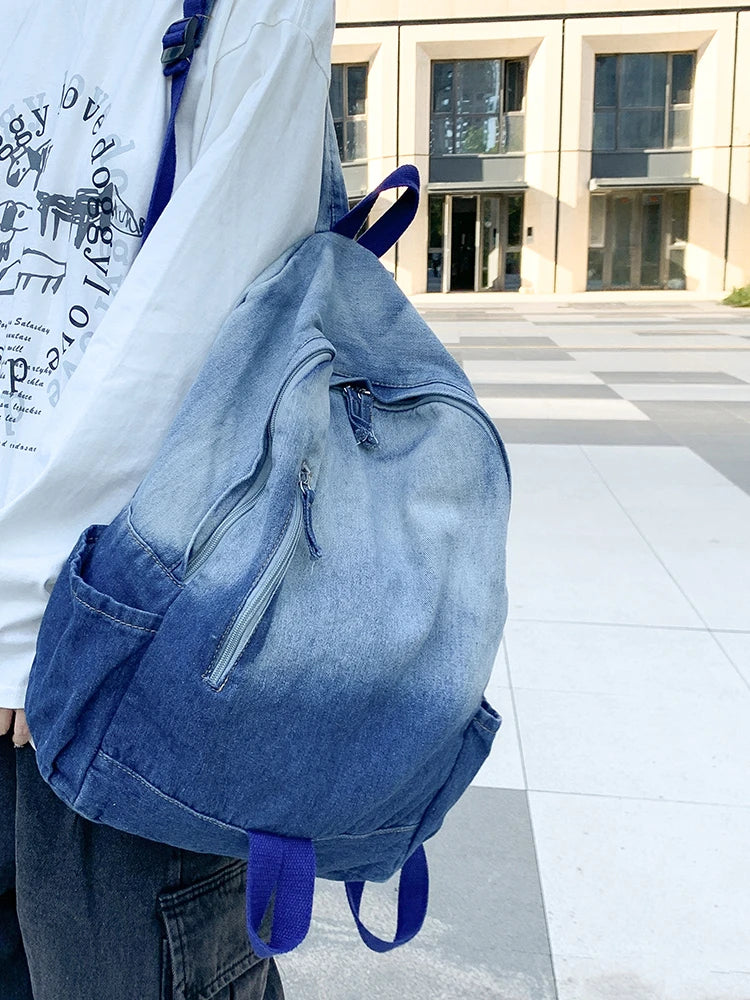 Men's and Women's Backpacks, Student School Bags, Large-Capacity Washed Denim Bags