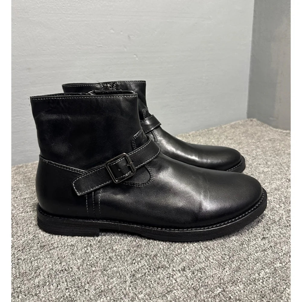 Handmade horsehide casual ankle boots Chelsea boots for men genuine leather sole adjustable strap decoration zip business style