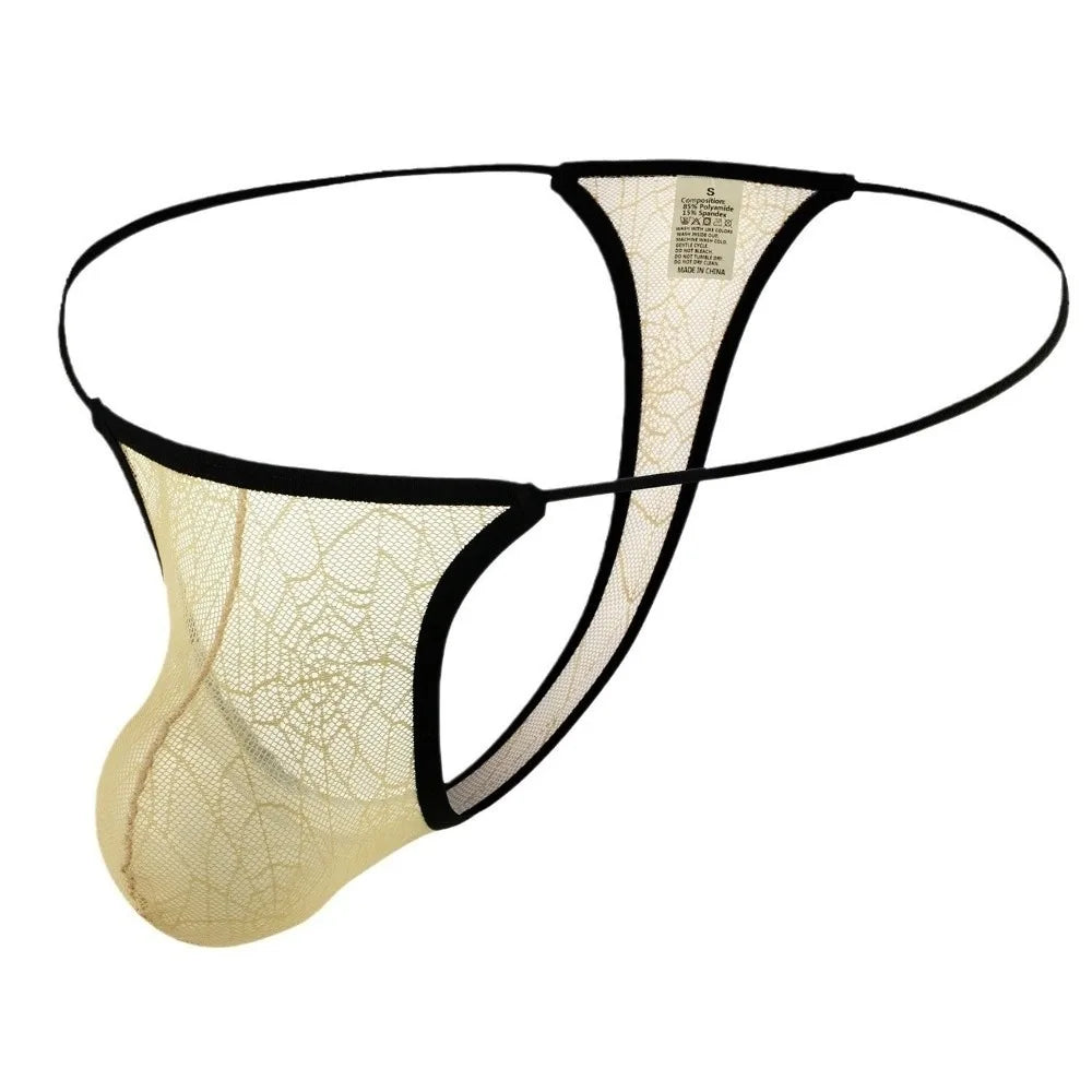 Lingerie Low Waist Men's Thongs Transparent Mesh T-back Briefs Halloween Net U Convex Pouch Lace Triangle Panties Casual Use