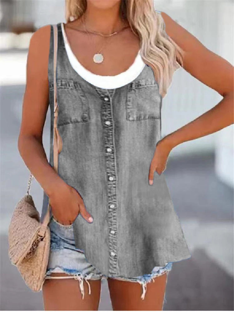 Summer New Tank Tops Fashion Loose O Neck T-shirts Imitation Cowboy Vest Women Casual Sleeveless Tops Blouse Street Wear