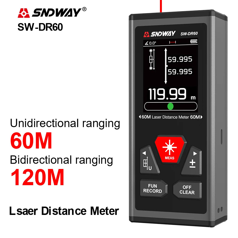 SNDWAY Laser Distance Meter 2 Way Laser Measure Meter 60M 100M Rangefinder Red Green Laser Two-way Range Finder SW-DG60