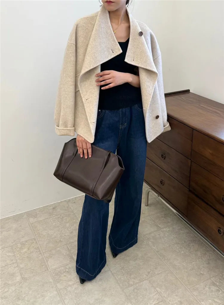 New Winter Short Woolen Coat Fashion Causal Warm Mulberry Silk Lapel Double-sided Wool Coat Loose Suit Jacket Female Tide Autumn