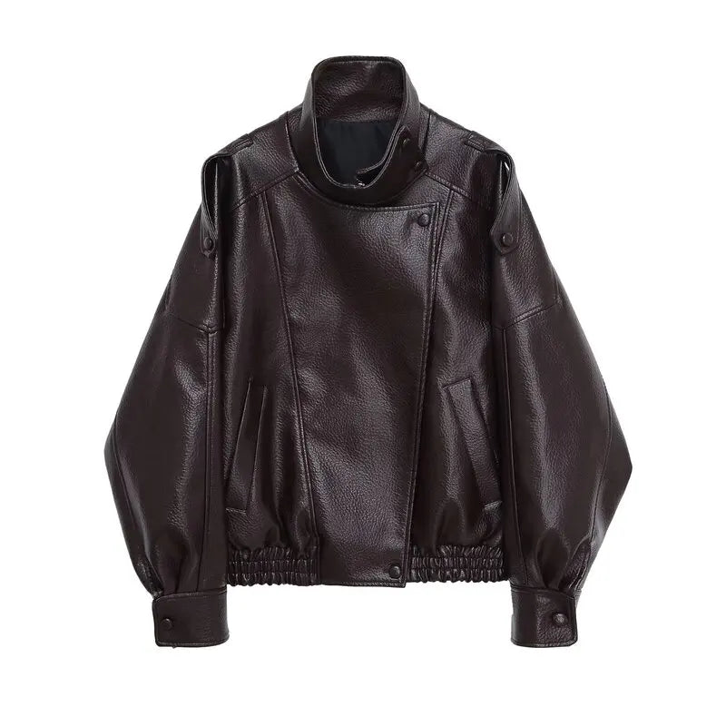 Loose Design Women's Leather Jaet ort Outerwear Warmth Ladies Faion Autumn New Sle Zipper Closure No Hat