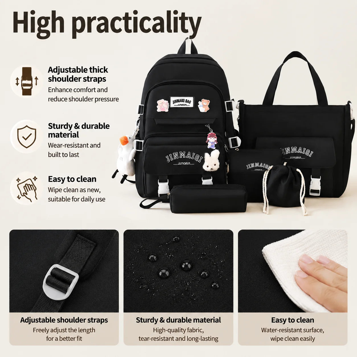 A Set of 5 Bags Including a Spacious Backpack, Perfect for Back-To-School Season Includes a Small Duck And a Rabbit Accessory