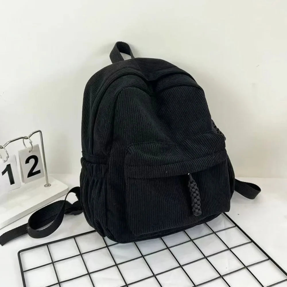 Backpack Solid Color Corduroy Backpack Handbag Rucksack Small School Bags Commuting Simple Student Book Bags Autumn Winter
