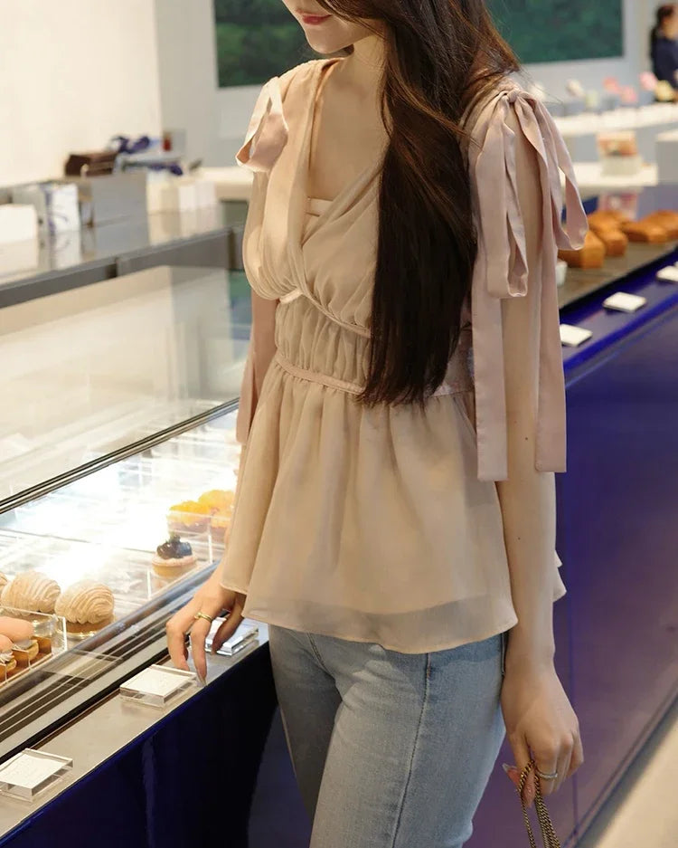 Women's Tops Summer Bow Tie Sweet Elegant Blouse Femme V Neck Shirt Waist-Cinching Japanese Style Sleeveless Chiffon Blouse