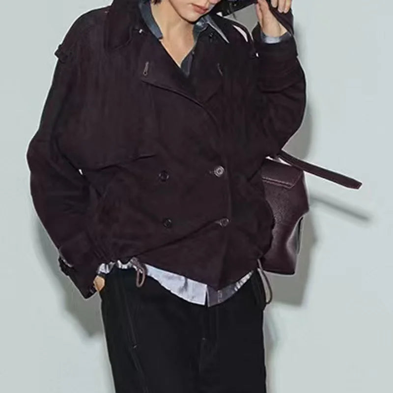 Kid Suede Leather Jacket for Women Branded New 2025 Old Money Double Breasted Short  Jacket Femme Big Lapel Epaulet Trench Coat