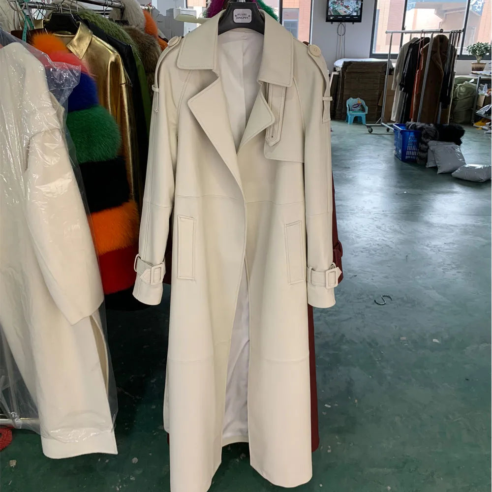 Gold Leather Coat Long Ladies Real Sheepskin Coat Genuine Sheep Leather Windbreak Long 21018