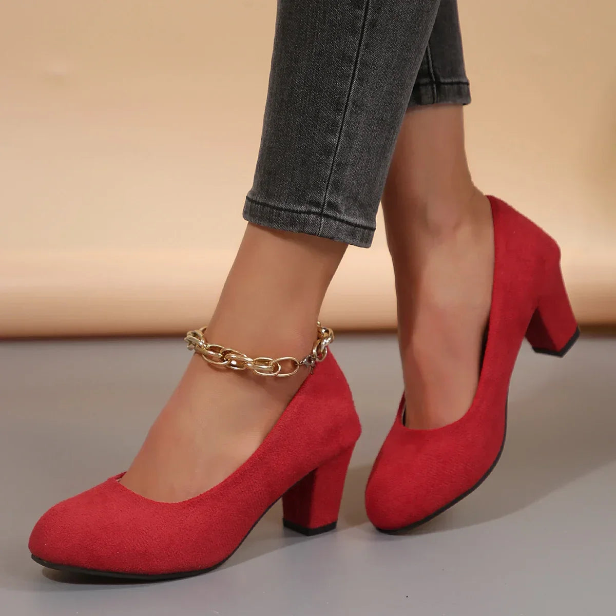 Autumn Single Shoes Women's Fashion New Round Toe Shallow Suede Cover Foot Non-slip Wear-resistant High Heels