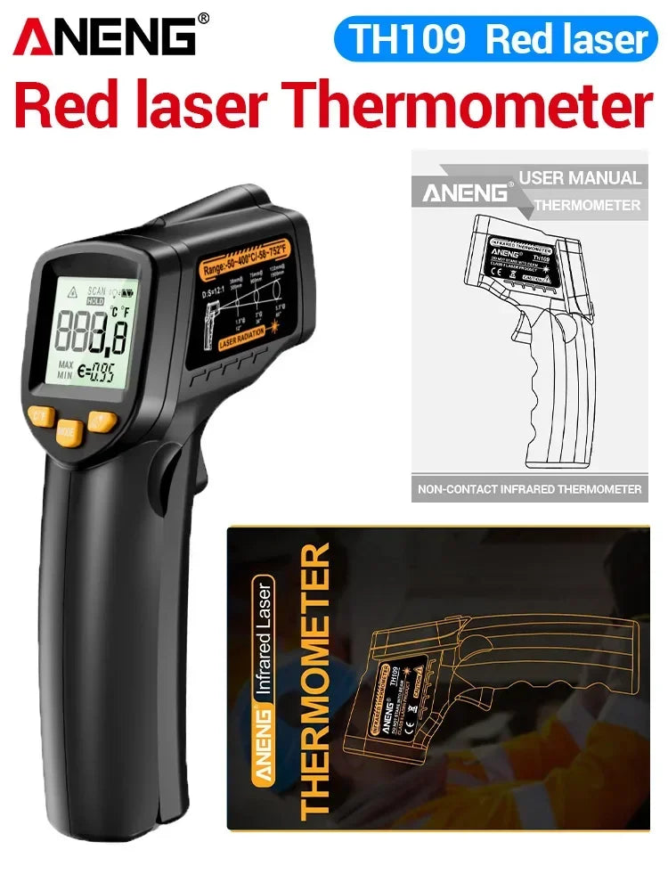 ANENG TH109 Red Laser Thermometer Object Distance Ratio12:1 Non-contact  Temperature Meter -50~400℃  Pyrometer Tester Hygrometer