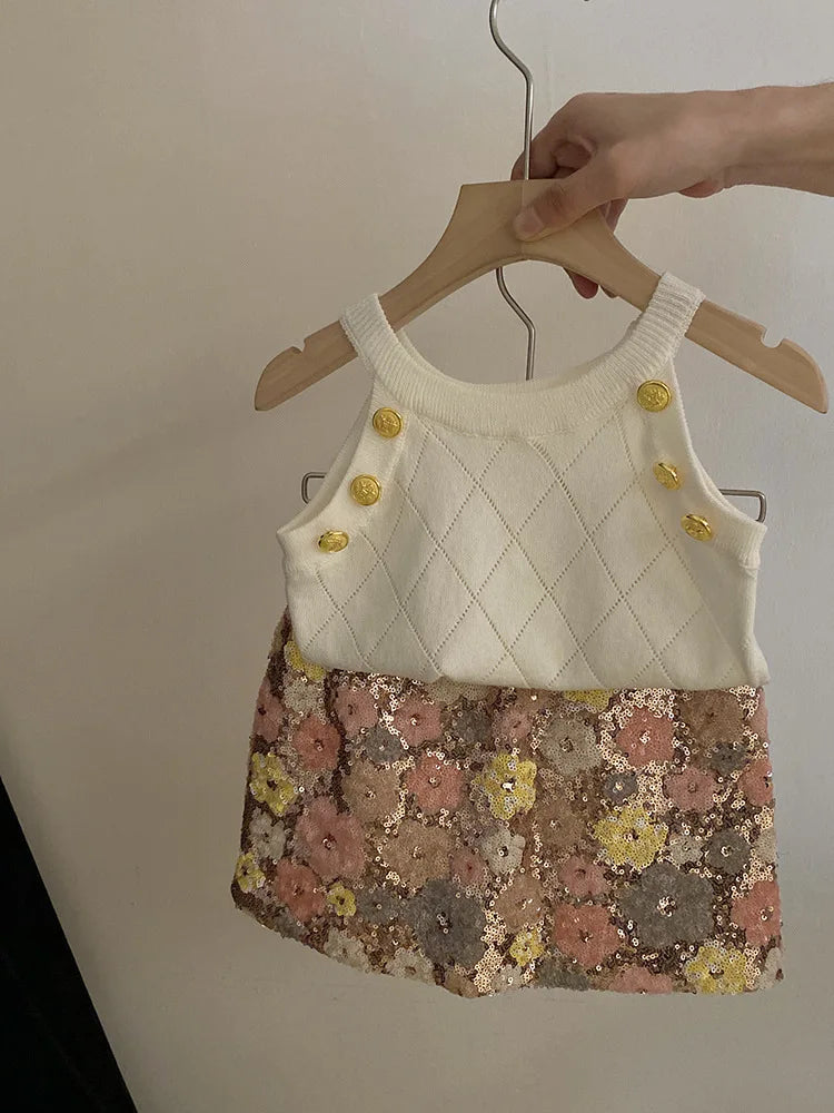Summer Set Top 2024 New Girls Design Tank Top Flower Short Skirt Set Baby Girl Sweet Cute Temperament Clothes