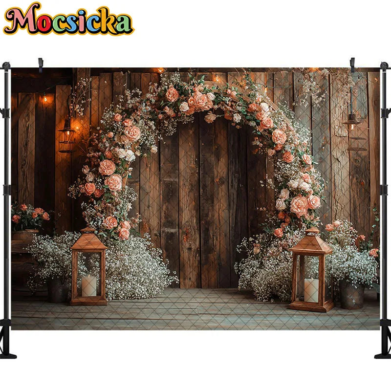 Wedding Theme Photography Background Round Wreath Wooden Wall Decoration Couple Wedding Scene Supplies Backdrop Studio Props